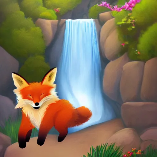 Image similar to A happy fox is jumping into a waterfall (storybook illustration for children, trending on Artstation)