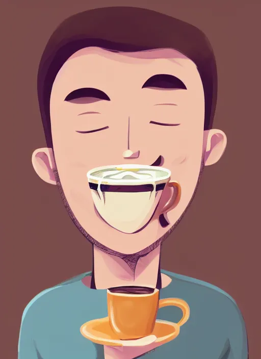 Image similar to a white young man drinking from a coffee cup, which is a brown flower, big smile, prominent big eyes, wise forehead, big lips, round portruding chin, background full of brown flowers, standout colours, thin sharp lines, digital painting, artstation, matte, sharp focus, illustration, moe artstyle