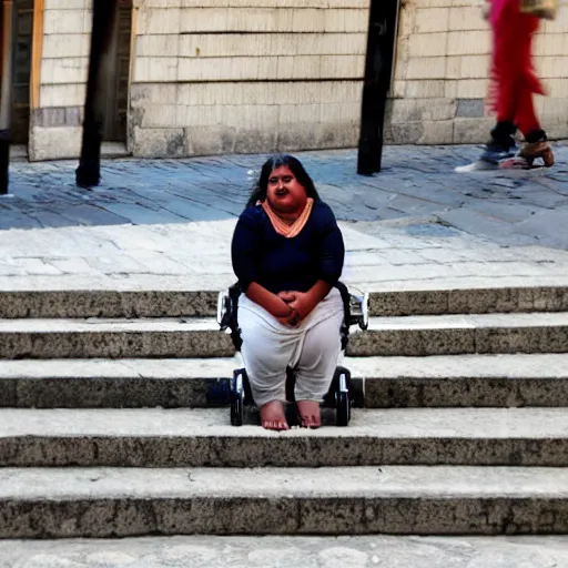 Prompt: an obese indian woman in a wheelchair on steps in Porto, detailed photo