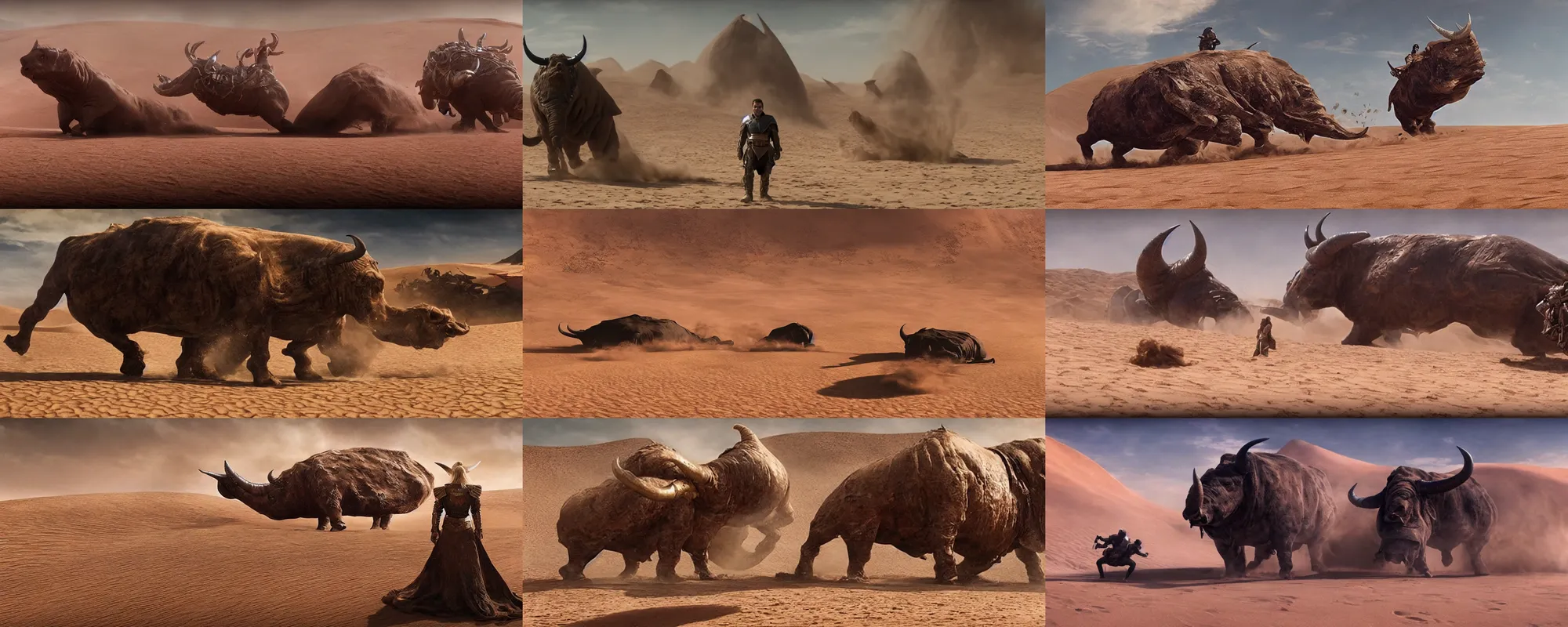 Prompt: a screenshot from dune movie, desert landscape, huge bull emerging from the sand