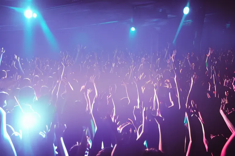 Image similar to crowd partying with their hands up at a club, volumetric lighting, haze, light beams, discoball, silhouette, digital art, trending on artstation, 4k, unreal engine, intricate, ornate