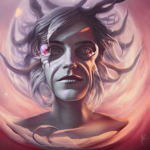 Prompt: emma watson demonic birth from insanity dimension by peter mohrbacher