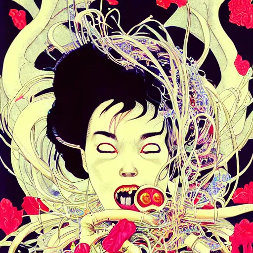 Image similar to portrait of crazy screaming beautiful singer bjork, big ribbon, ymmetrical, by yoichi hatakenaka, masamune shirow, josan gonzales and dan mumford, ayami kojima, takato yamamoto, barclay shaw, karol bak, yukito kishiro