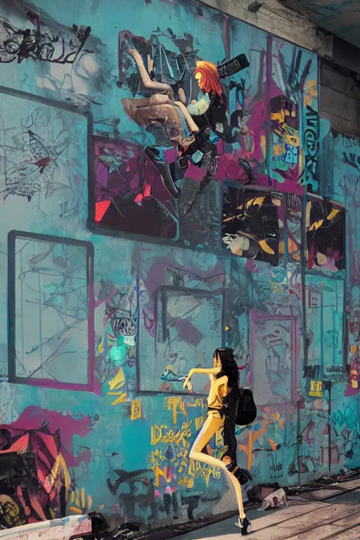 Prompt: punk girl looking at extreme graffiti tag mural maximalism by atey ghailan, by greg rutkowski, by joe fenton, yellow, brown, black and cyan color scheme, octane render