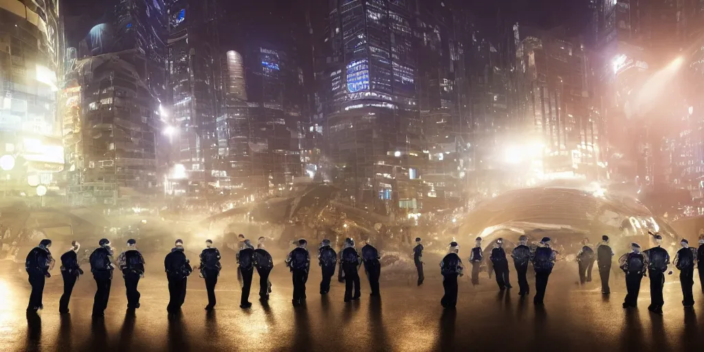 Image similar to policemen protect a huge spiral - shaped luminous object right in the center of the city from protesting people, night, rain and light fog, professional lighting, concept art in 3 d, high detail, professional lighting