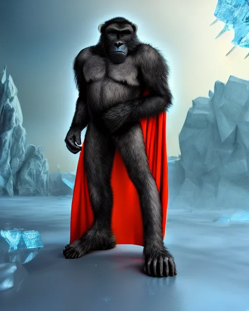 Image similar to fury art, an anthro ape wearing a large cape and a fantasy armor, ice, fiery background, 3 d, 8 k, extremely detailed, trending on furaffinity, trending on artstation, award winning, sharp focus, illustration