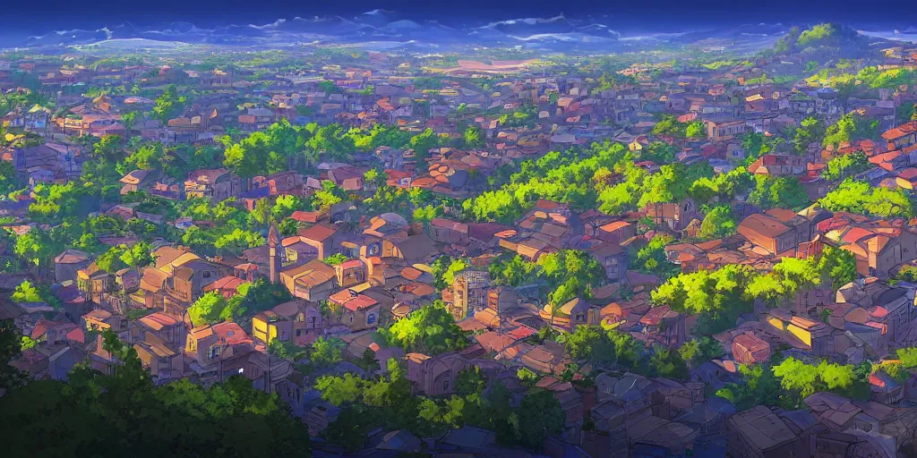 Image similar to beautiful view of a town from a hill, award - winning digital art, anime