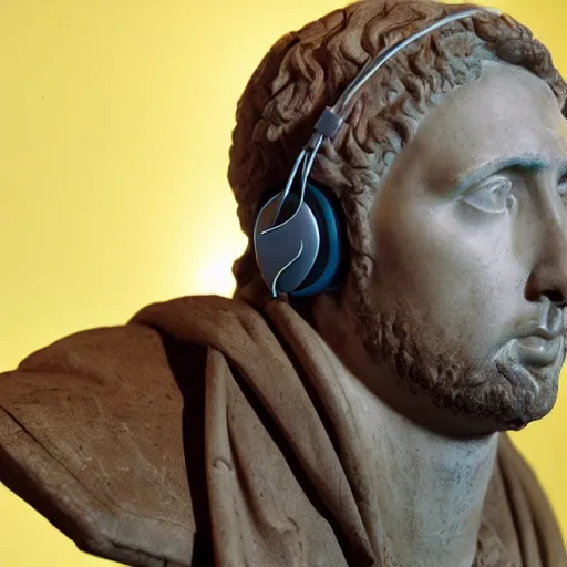 Prompt: a roman bust of Nicolas Cage wearing headphones listening to music, in the stule of vaporwave