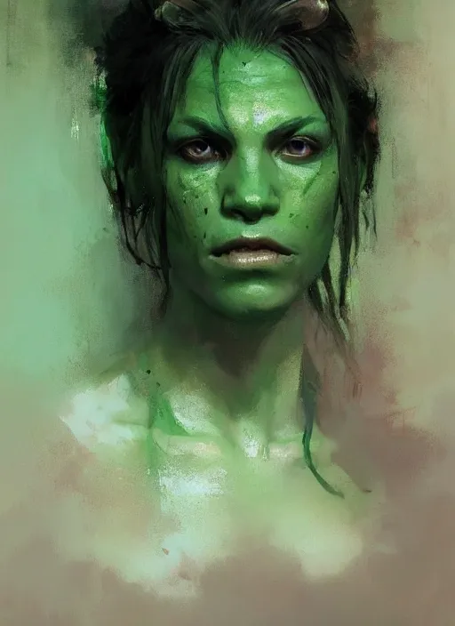 Image similar to green orc female, light green tone beautiful face by jeremy mann, greg rutkowski