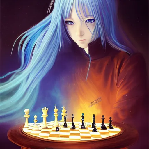 Image similar to rimuru tempest from tensura playing chess, with amber eyes of golden colored eyes, straight hair, sky blue hair, long bangs, high collar, concept art, award winning photography, turbulence, ripples, trails, wispy, scratchy, digital painting, cinematic, wlop, 8 k, by ross tran, tom bagshaw, andy warhol