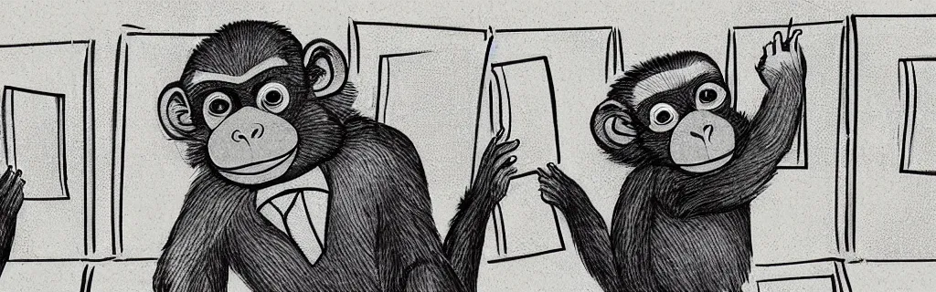 Prompt: monkeys wearing ties as employees in the cubical offices, chaos of papers around