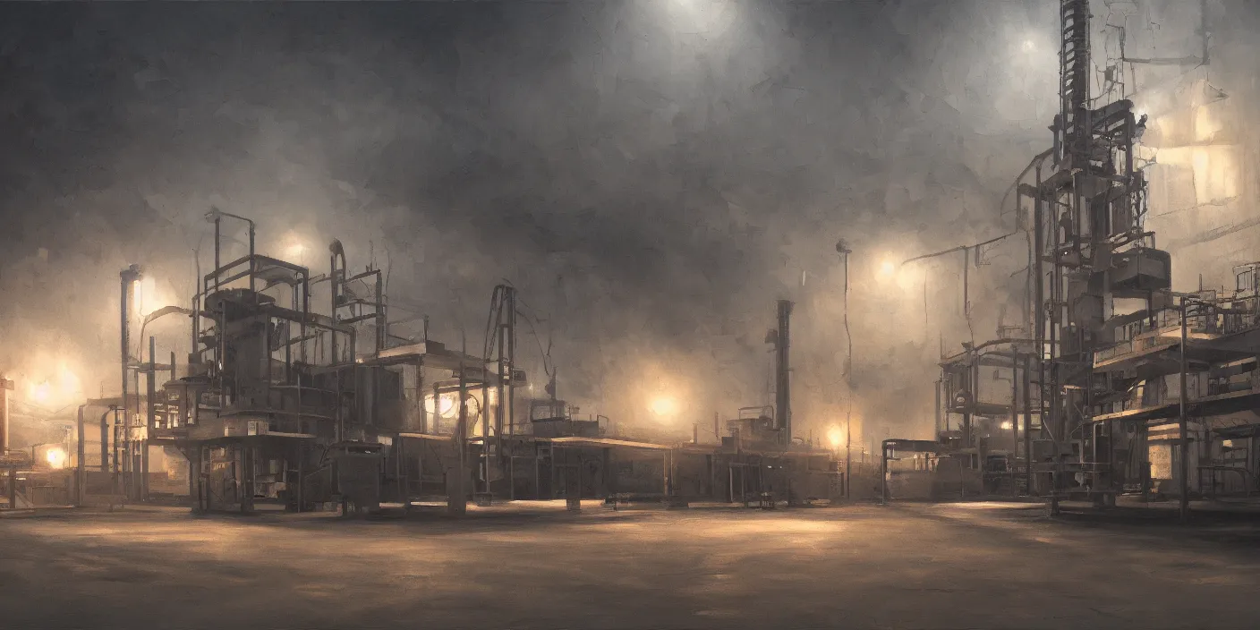 Prompt: factory, cinematic lighting, detailed oil painting, hyperrealistic, 8k