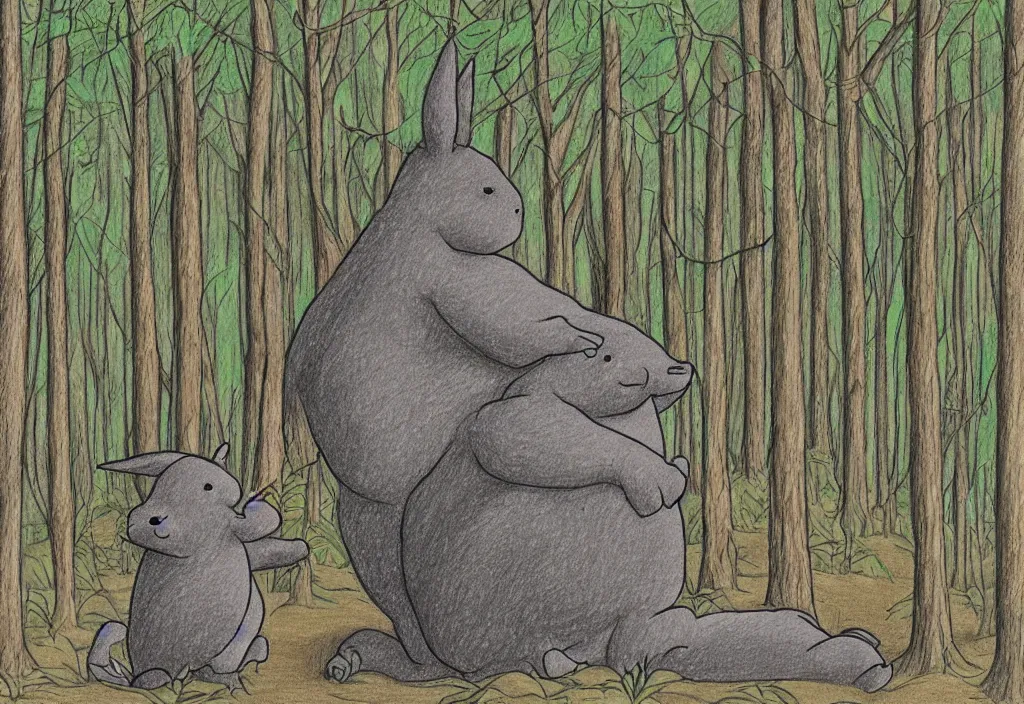 Prompt: drawing of a sighting of big chungus in a forest, award winning drawing, high detail