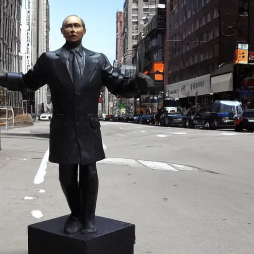 Image similar to a sculpture of putin standing in the middle of a street in new york city,