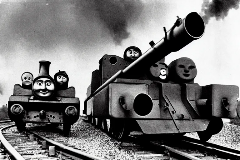 Image similar to WW2 era photograph, the face of Thomas the tank engine on a 800mm German rail artillery Schwere-Gustav shooting