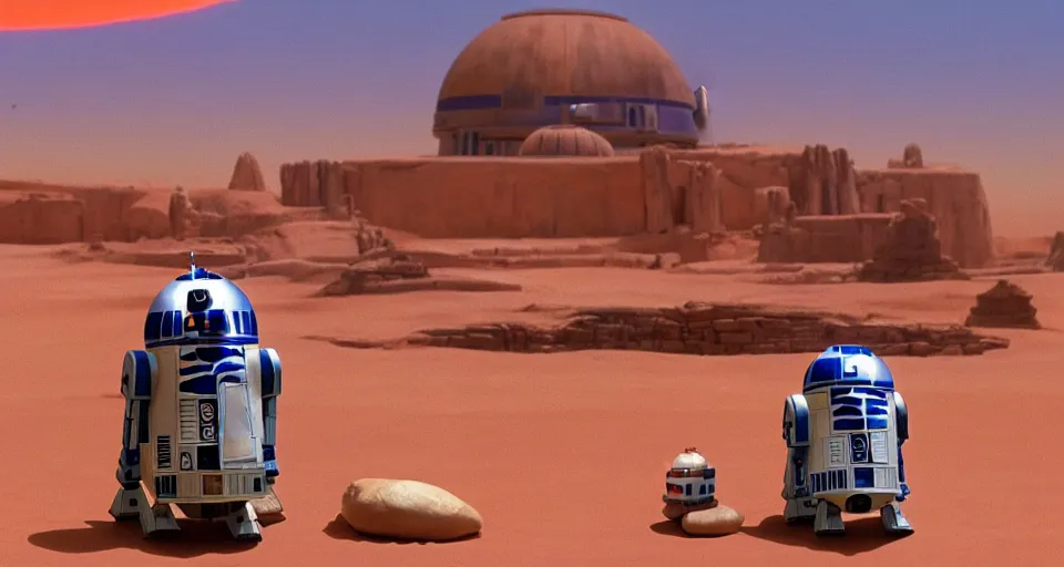 Image similar to beautiful wide shot tatooine landscape obi wan kenobi Luke skywalker R2-D2 in Star Wars a new hope 1977 by studio ghibli, Miyazaki, studio ghibli, Jean girard, Moebius , animation, golden hour, highly detailed, 70mm