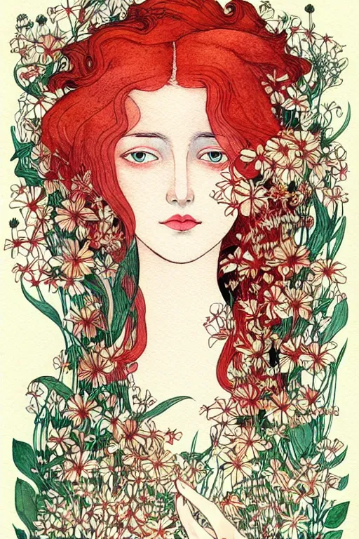 Image similar to realistic face of beautiful woman with red hair with flowers growing around, flower frame, detailed art by kay nielsen and walter crane, illustration style, watercolor