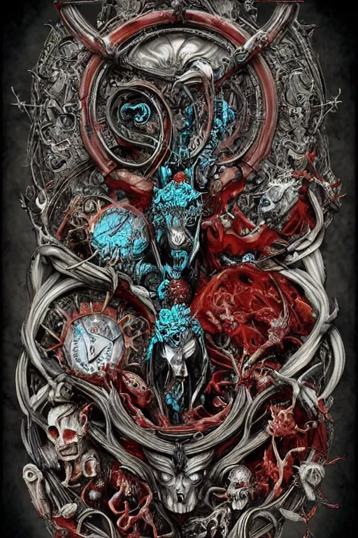 Image similar to the seven deadly sins, horror art, grotesque, zbrush art, majestic, silver filigree, colorful, dark fantasy, celtic knot, anatomical, h r giger style, frank frazetta, ornate, art nouveau, symmetrical, turquoise jewelry, red smoke insanely detailed and intricate, hypermaximalist, elegant, ornate, hyper realistic, super detailed