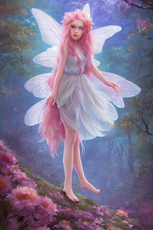 Image similar to a cute and geogerous fairy in the dreamy forest, fantasy, dreamlike, 8 k resolution, hyper detailed, d & d, character design, digital painting, trending on artstation, sharp focus, illustration, art by viktoria gavrilenko, hoang lap, fuji choko, steve zheng,