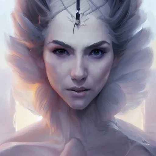 Image similar to A portrait of a female sorceress in a white dress, art by artgerm and greg rutkowski, matte painting, trending on artstation, very detailed