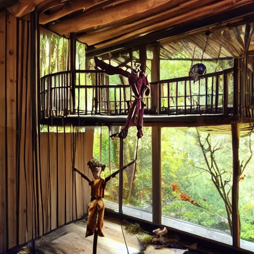 Prompt: a beautiful marionette inside a treehouse, realistic, interior design,