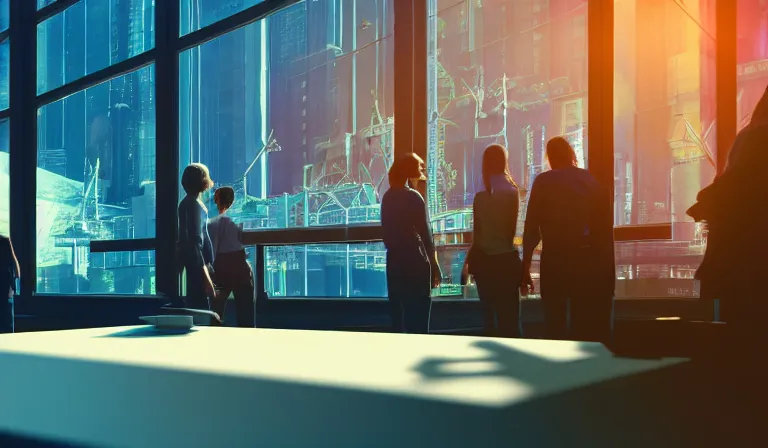 Image similar to group of people in simple windowed warehouse, looking at hologram of futuristic city on a table, cinematic concept art, godrays, golden hour, natural sunlight, 4 k, clear details, tabletop model buildings, center model buildings, hologram center, crane shot, crane shot, crane shot