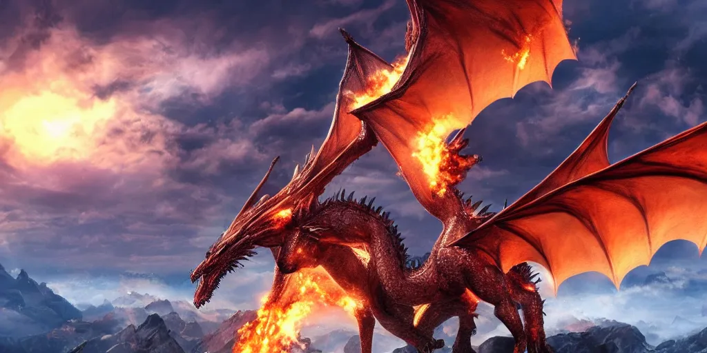 Image similar to One dragon with half open wings breathing fire on the top of a mountain, epic composition, detailed and intricate image, cinematic, 4K