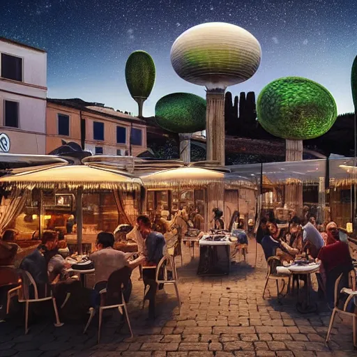 Prompt: a typical alien restaurant in the center of Rome, 8k, hyperrealistic