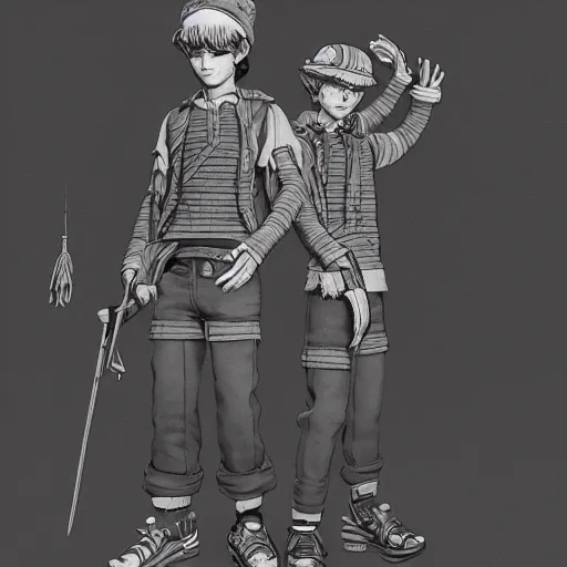 Image similar to rpg character concept art, twin brothers being cute and gangsta, intricate detail, in the style of jamie hewlett kawase hasui riyoko ikeda, 3 d render, artstation trending, 8 k, octane render, photorealistic, sharp detail, manga, black and white