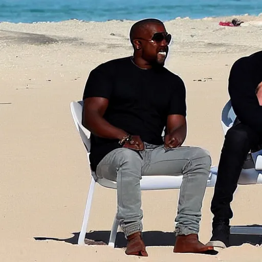 Prompt: elon musk and kanye west laughing chilling at the beach in aruba