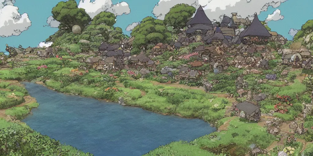 Image similar to a still of a background from spirited away of hobbiton, studio ghibli