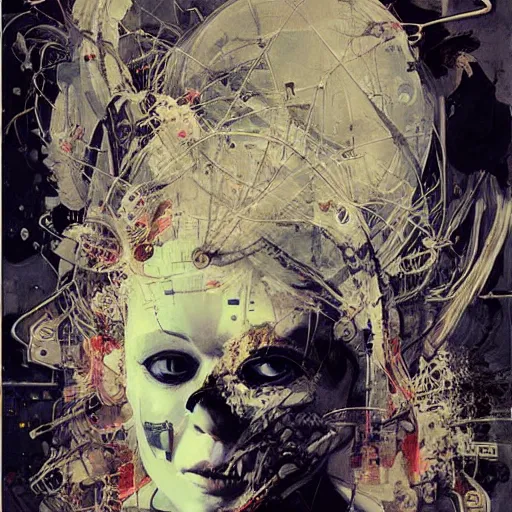 Image similar to rona mitra as a cyberpunk noir detective, skulls, wires cybernetic implants, machine noir grimcore, in the style of adrian ghenie esao andrews jenny saville surrealism dark art by james jean takato yamamoto and by ashley wood