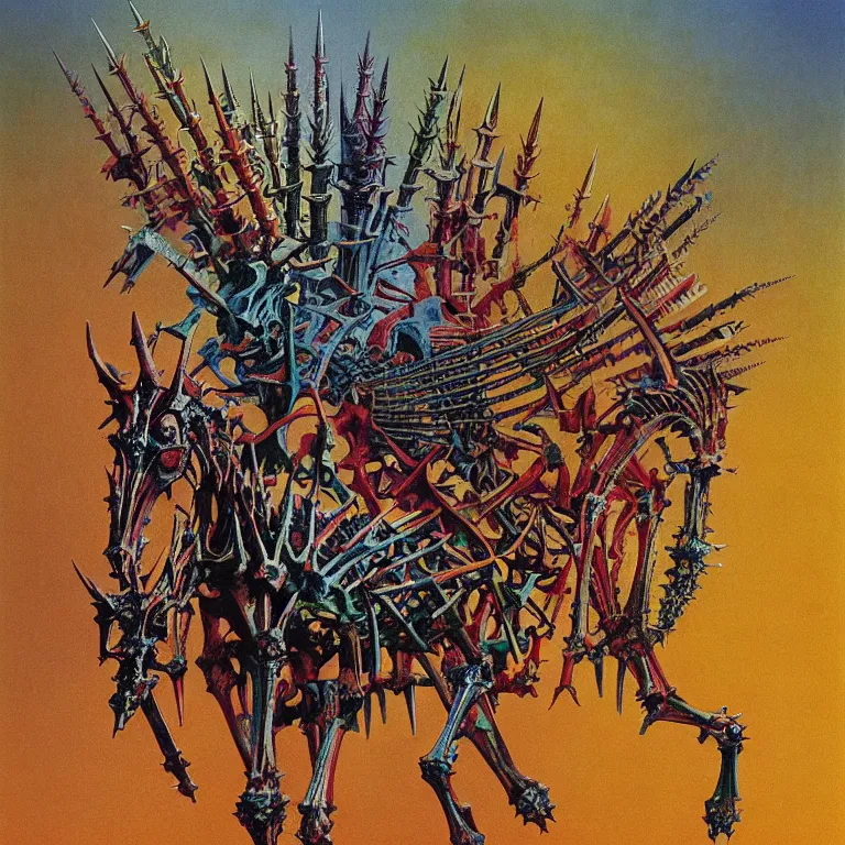 Prompt: Multi-colored photo with red, yellow, green, blue, orange and pink gradient of a spiked horse skeleton with armored joints stands in a large cavernous throne room with halberd in hand. Massive shoulderplates. Extremely high detail, realistic, fantasy art, solo, masterpiece, bones, ripped flesh, art by Zdzisław Beksiński, Arthur Rackham, Dariusz Zawadzki, Harry Clarke, Wassily Kandinsky, Lisa Frank