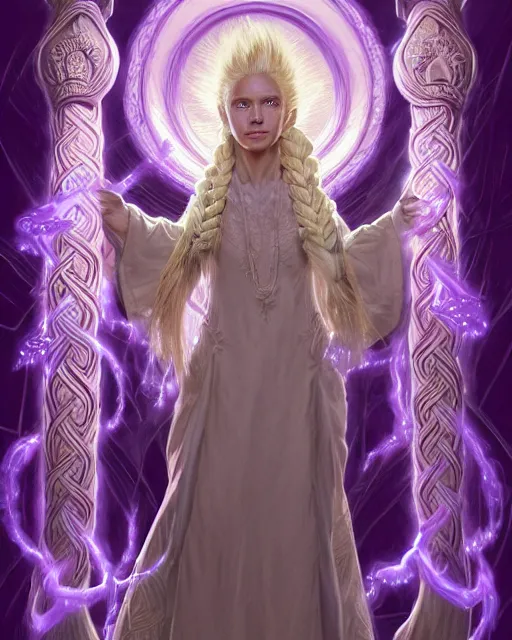 Prompt: mage casting ultimate purple attack spell glowing dust, ivory carved mantle, mage with blonde braided hair wearing ivory carved bone armor, green plants, movie action still frame, intricate, elegant, highly detailed, hyper realistic, digital painting, concept art, smooth, sharp, focus, illustration, art by artgerm, greg rutkowski, ilya kuvshinov, alphonse mucha