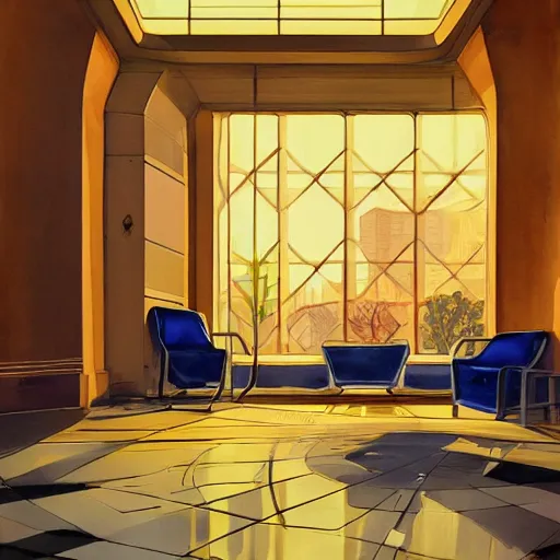 Image similar to a beautiful illustration of futuristic interior hall, lots of furniture, sofa, waiting room, big medium small, sacred geometry, golden ratio, in watercolor gouache detailed paintings, in style of syd mead, trending on artstation,8k, panel, hard surface, vent, zaha hadid