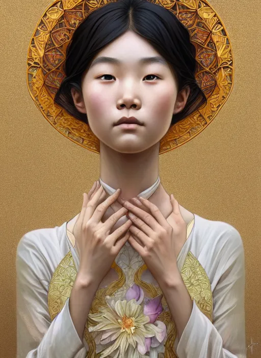 Prompt: symmetry portrait of floral yunnan girl, intricate, elegant, highly detailed, digital painting, artstation, concept art, smooth, sharp focus, illustration, art by artgerm and greg rutkowski and alphonse mucha, 8 k