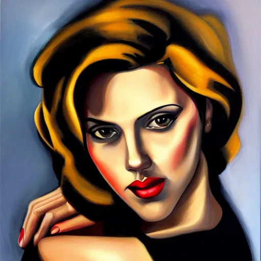Prompt: painting of Scarlett Johansson in the style of Tamara de Lempicka