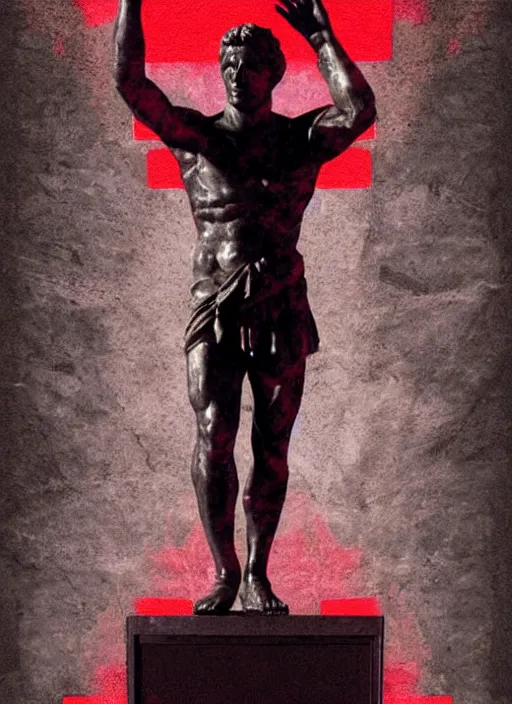 Image similar to design poster showing a statue of julius caesar, black background with very subtle red and purple design elements, powerful, nekro, guido crepax, graphic design, collage art, thin lines, dark, glitch art, neo vaporwave, gritty, layout frame, square, trending on artstation