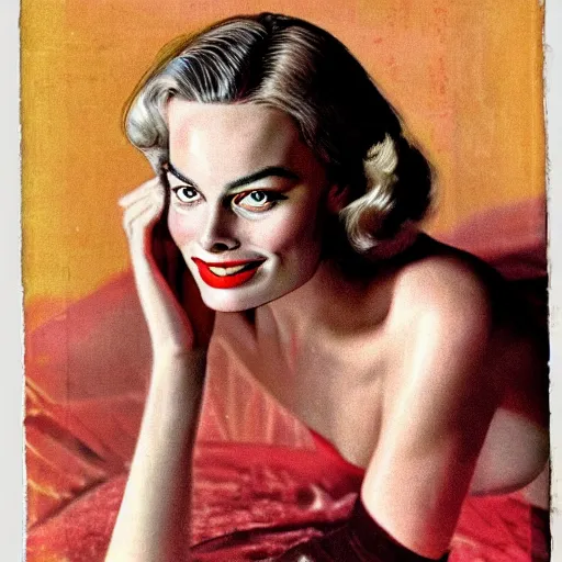 Prompt: “Margot Robbie portrait, color vintage magazine illustration 1950”