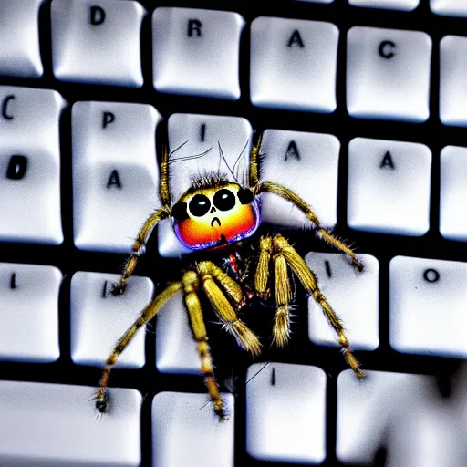 Prompt: a jumping spider pressing keyboard keys, by pixar, macro lens, iridescent, character concept art