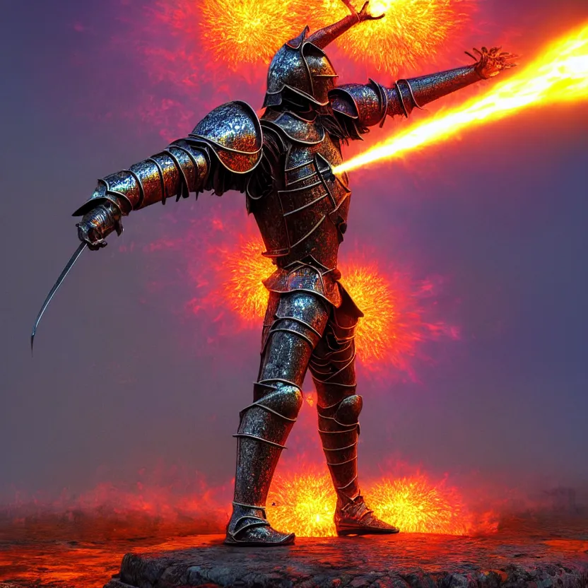 Image similar to hyper realistic matte painting of a medieval fantasy knight in a t - pose exploding into colorful metal shrapnel, octane render by alex grey