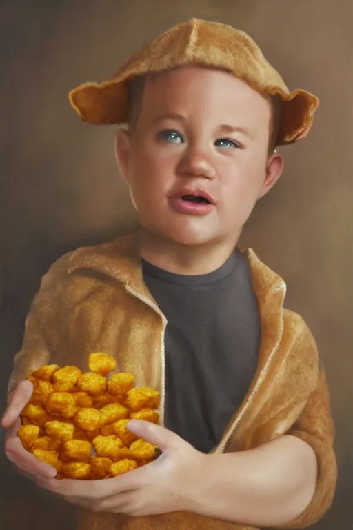 Image similar to channing tatum wearing a tater tot costume, oil on canvas, intricate, 8 k highly professionally detailed, hdr, cgsociety