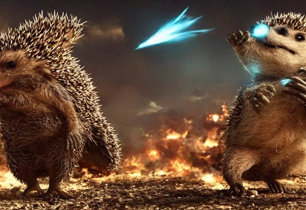 Prompt: a hedgehog alien fighting godzilla