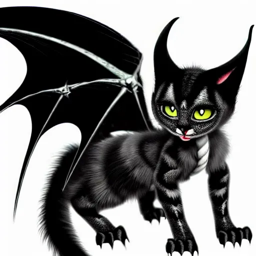 Image similar to an crossbreed between a dragon and a cat, black fur, black wings, fantastic animal, magical, very cute, adorable, charming, amazing details, bright colors, ultra high definition, photo, professional,