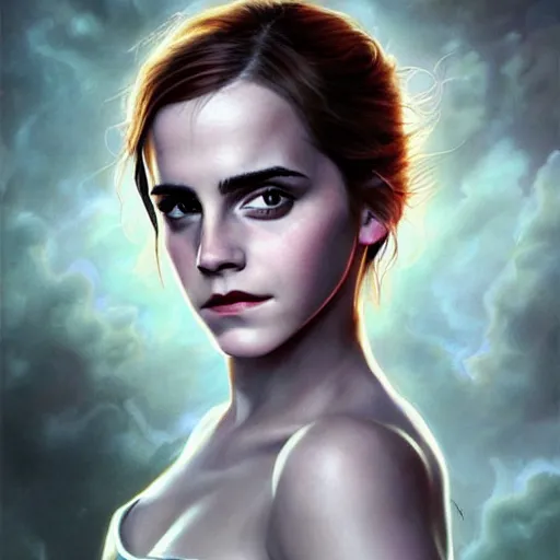 Image similar to portrait of emma watson in the style of gerald brom and mark brooks, cinematic lighting, epic, romantic, 8 k, detailed, coherent, beautiful