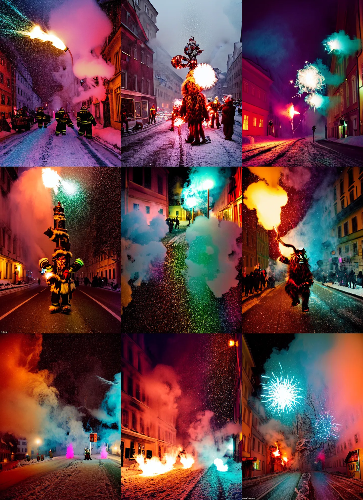Prompt: kodak portra 4 0 0, winter, snowflakes, rainbow coloured rockets chaos glitter, award winning dynamic photo of a bunch of hazardous krampus between exploding fire barrels by robert capas, motion blur, in a narrow lane in salzburg at night with colourful pyro fireworks and torches, teal lights