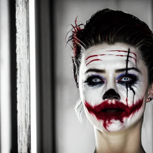 Image similar to amber heard as the joker, crying alone inside a prison cell behind bars, ultra realistic, canon 3 5 mm portrait photography, 8 k, movie still