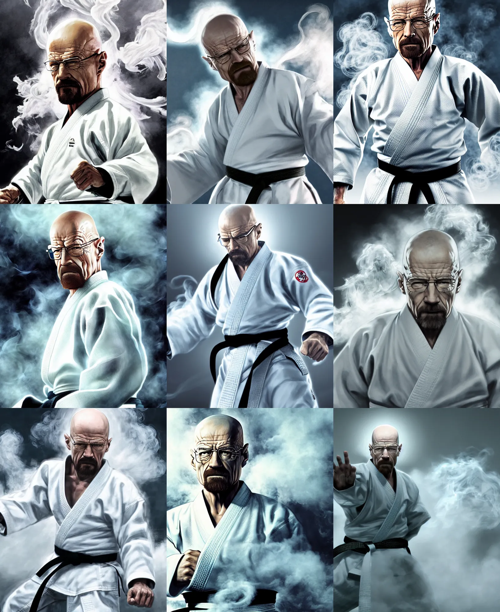 Prompt: Epic Concept art of grandmaster walter white wearing a white martial artist gi, karate pose, bald head and white beard, emanating white smoke, fog fills the area, character surrounded by wispy smoke, plain background, by Chen Uen, art by Yoji Shinkawa, 4k