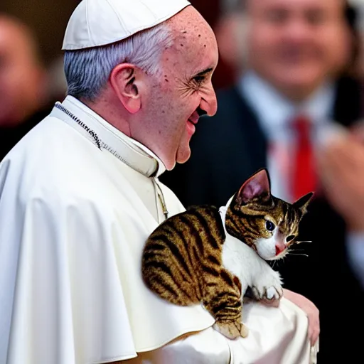 Image similar to Pope Francis holdingh a alien cat