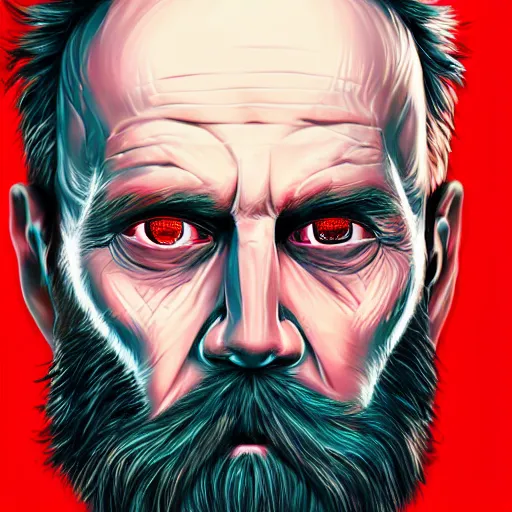 Image similar to hyperrealistic portrait cyberpunk man 4 0 old with large beard, red colored eyes, neon light, fantasy art, electronic face